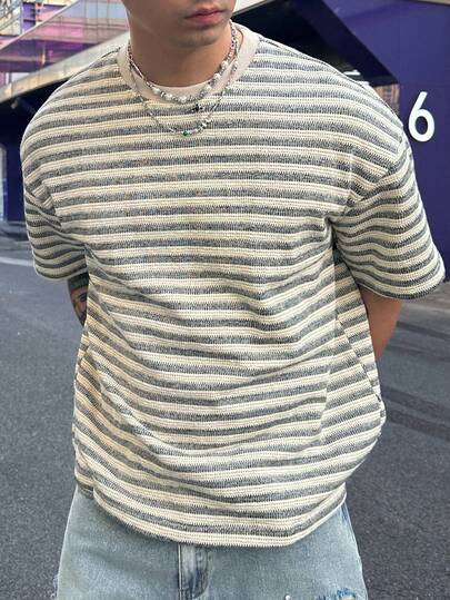 DAZY Men's Colorful Striped Crew Neck Short Sleeve T-Shirt, Summer