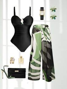 Swim Oasis 大码女式绿色提花面料休闲度假吊带低领连体泳衣配沙滩罩衫两件套泳装 - 黑色 - 查看 1