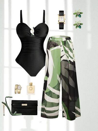 Swim Oasis Traje de baño de una pieza con tirantes finos, cuello bajo y estampado de jacquard verde, talla grande talla, con pareo como conjunto de traje de baño de 2 piezas para vacaciones informales