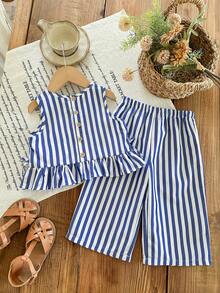 SHEIN Babygirl Vacation Casual Cute Striped Camisole And Elastic Waist Pants Set - Multicolor - View 1