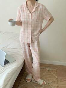 2件套女童休闲格子开衫短袖上衣和裤子睡衣套装 - 淺粉色 - 查看 4