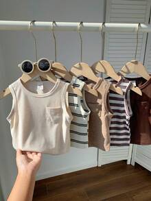 SHEIN 5件套男女宝宝夏季可爱百搭针织条纹背心，多色百搭背心套装 - 彩色 - 查看 4