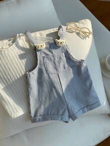 SHEIN Newborn Baby Boy Cute Summer Holiday Striped Cartoon 3D Bear Suspender Romper - Multicolor - View 3