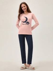 Loomlin 2pcs Cotton Contrast Colour Moon Printed Shirt And Star Printed Sleep Bottom PJ Set - Baby Pink - View 4