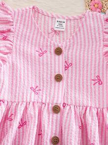 一件式可爱女宝宝优雅可爱夏季条纹蝴蝶结图案无袖连衣裙 - 粉色 - 查看 4