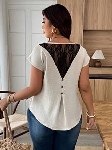 Weeklong Áo sơ mi cổ tròn chất liệu linen-cotton phối ren, có chi tiết ren phía sau - Áo sơ mi thời trang thanh lịch cỡ lớn dành cho công sở và trang phục thường ngày vào mùa xuân và mùa hè. - Màu be - Xem 3