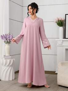 Yasmyna V领优雅贴花装饰粉色阿拉伯风格女式连衣裙 - 粉色 - 查看 7