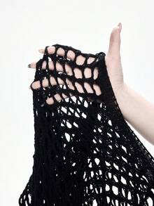 ROMWE Goth Áo len dệt kim lưới khoét lỗ màu đen dành cho nữ, kiểu dáng punk, tay áo cánh dơi dáng rộng, vạt áo không đều, thích hợp cho kỳ nghỉ biển, áo khoác ngoài. - màu đen - Xem 7