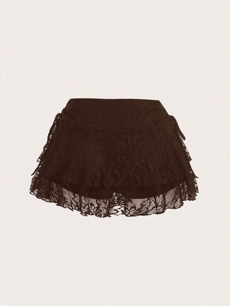 SHEIN MOD Chân váy xòe hai lớp bằng vải ren, cạp thấp, có dây rút và nơ, dành cho nữ, màu nâu. - màu nâu - Xem 2