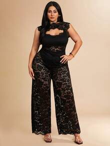 SHEIN BAE 大码女士纯黑色性感透视蕾丝露背连体裤，优雅日常、约会、派对外出装扮，不对称阔腿连体裤，情人节连体裤，日常连体裤，优雅连体裤，秋季蕾丝连体裤 - 黑色 - 查看 5