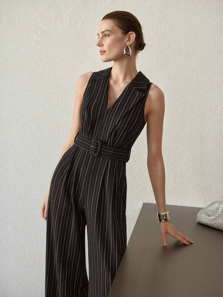 STRIPED PRINT RHINESTONE DETAIL LAPEL COLLAR BUCKLE BELTED SLEEVELESS WIDE LEG JUMPSUIT