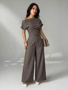 SHEIN PETITE 女士夏季新款简约优雅日常休闲亚麻通勤宽领露肩上衣搭配阔腿裤套装 - 咖啡棕 - 查看 6