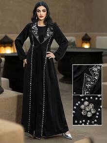 Layrah Rhinestone Embellished Handmade Long Abaya Jacket With Suit Collar Luxury Clothes For Women Sparkly Black Dress For Evening Party - Black - View 2