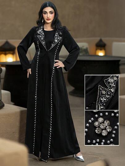 Layrah Rhinestone Embellished Handmade Long Abaya Jacket With Suit Collar Luxury Clothes For Women Sparkly Black Dress For Evening Party