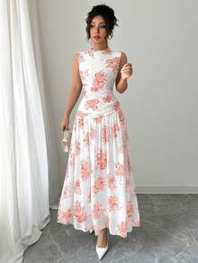 Modelyn 女士优雅印花褶皱腰部无袖中长连衣裙，适合通勤 - 粉色 - 查看 4