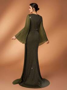 Serin Elegant Luxurious Green V-Neck Elastic Metallic Knit Mesh Sleeve Mermaid Skirt With Side Chiffon Ruffle, Suitable For Weddings, Parties, Vacations, Galas, Holidays, Mother Of The Bride Evening Gowns - Army Green - View 3