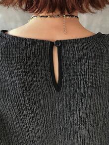 FRIFUL 女士圆领抽绳下摆纹理面料装饰短袖T恤 - 黑色 - 查看 7