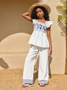 SHEIN White National Style Blue Embroidered Top & Wide Leg Pants Set, Summer Casual Holiday Tea Party Outfit, Square Collar Waist Doll Shirt For Tween Girl - Blue and White - View 6
