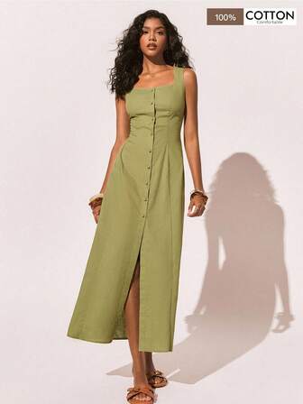 Poéselle Women's Solid Color Minimalist Square Neck Sleeveless Dress, Casual Everyday Wear, Matcha, Cotton Dress, Linen