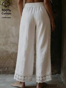 Zayélia 女士纯棉刺绣口袋休闲裤 - 白色 - 查看 2