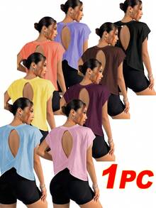 Dewbera Loose Women Yoga Outerwear Running Fitness Sports T-Shirt Tank Top - Burgundy - View 7