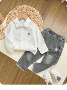 SHEIN 2pcs Toddler Boys Denim Look White Shirt And Grey Jeans Set - Grey - View 1