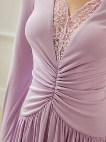 MOTF PREMIUM DEEP V-NECK LACE PATCHWORK CINCHED WAIST COMFORTABLE LONG SLEEVE DRESS FOR WOMEN, SPRING/SUMMER - Purple - View 2