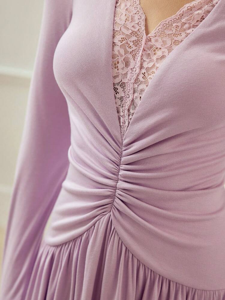 DEEP V-NECK LACE PATCHWORK CINCHED WAIST COMFORTABLE LONG SLEEVE DRESS FOR WOMEN, SPRING/SUMMER