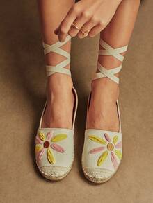 Rosivie 女士平底鞋，绳编鞋，撞色拼接花卉渔夫鞋，草编系带棉绳，波西米亚风度假沙滩日常编织一脚蹬休闲优雅时尚校园风 - 米色 - 查看 10