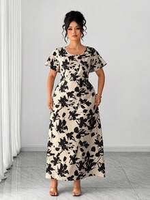 Elenzga Plus Size Women's Elegant Floral Print V-Neck Long Sleeve Waist Cinched A-Line Dress, Early Spring - Apricot - View 4