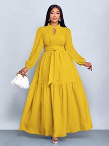 Đầm dài tay dáng chữ A ôm sát, màu trơn, cổ đứng, xẻ tà trước, cúc hình giọt nước, thiết kế cao cấp, thắt eo của SOLERSUN dành cho nữ, thanh lịch và thoải mái, thời trang công sở, kiểu dáng mới, mặc hàng ngày, năm mới, thu đông, hẹn hò, Giáng sinh, thời trang nữ. - Màu Mù tạt vàng - Xem 1