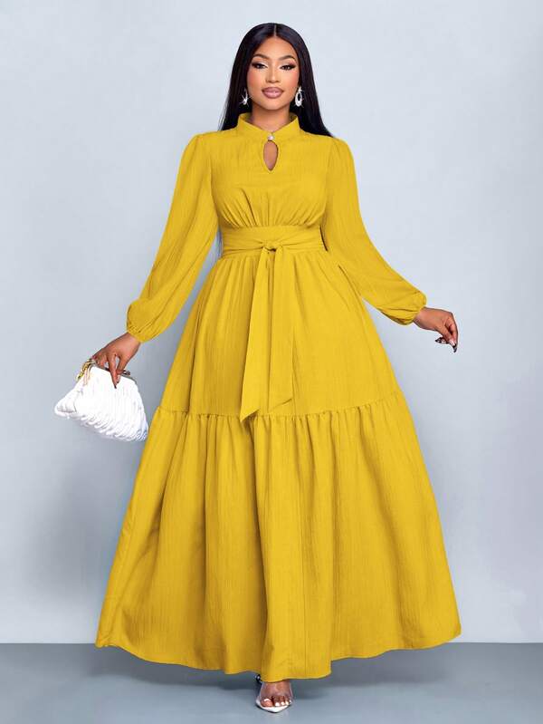  SOLERSUN 大码女装纯色宽松休闲立领前开衩水滴扣高端设计长袖腰带修身A字长裙，优雅舒适休闲时尚通勤气质连衣裙，新款，日常穿着，新年、秋季、冬季、约会、圣诞节等场合皆宜，女装