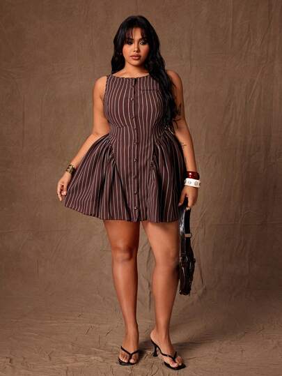 Rustia Plus Size Women's Brown Striped Button Ruffle Hem Sleeveless Mini Dress, Suitable For Work, Elegant & Sexy, Fashionable, Formal Occasions, Spring, Summer, Outings, Vacations, Showcasing Graceful Charm