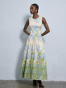 Aveloria Modichic Elegant French Romantic Vintage Fashion Casual Long Fitted Bodycon Colorblock Floral Print Sleeveless Flared Maxi Dress/Floral Placement - Multicolor - View 5