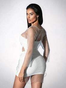 Zolique Vestido de red con brillantes de mujer, de moda y sexy - Blanco - Ver 2