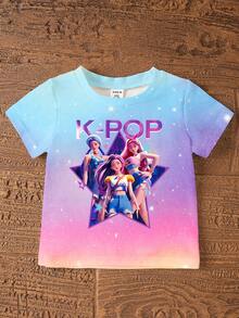 2pcs/Set Baby Girl Casual K-POP Korean Style Cartoon Girl Pentagram Colorblock Tie-Dye Short Sleeve Round Neck T-Shirt And Matching Shorts Set, Suitable For Holiday Casual Wear - Multicolor - View 7