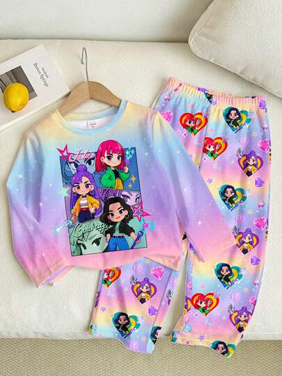 SHEIN Conjunto de ropa informal de otoño/invierno para niña con top de manga larga con estampado de letras de dibujos animados de cuello redondo y pantalones de pierna ancha