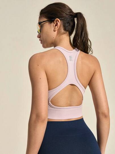 Exploreva Solid Color Hollow Back Racerback Sports Bra