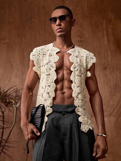 AKNOTIC Business Casual Men's Knitted Crochet Floral Pattern Loose Fit Sleeveless Knit Vest, Suitable For Summer, Vacation, Casual Wear, Party, Couple Matching, Men's Gift