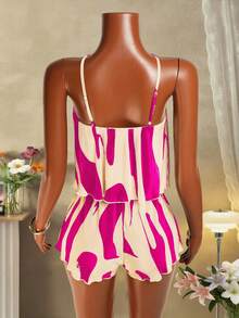 Mistrie Women's Summer Beach Vacation Style All-Over Print Pleated Halter Romper - Hot Pink - View 2