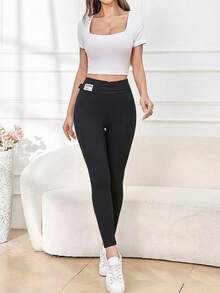 Mulvari Celana Skinny Pinggang Elastis Serbaguna, Legging Hitam Elastis yang Melangsingkan untuk Wanita, Cocok untuk Musim Semi dan Musim Gugur - Hitam - View 6