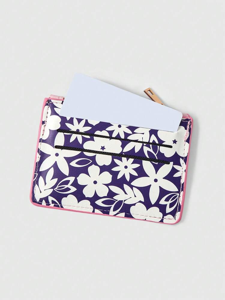 ROMWE Kawaii 精致的卡片袋，紫色背景，白色花朵图案 - 紫色 - 查看 4