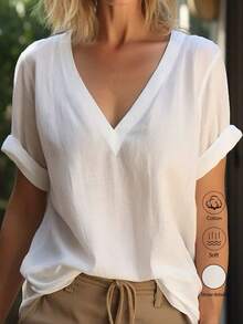EMERY ROSE Women's Casual Daily Commute Simple Solid Color V-Neck Rolled Hem Short Sleeve White Top - White - View 1