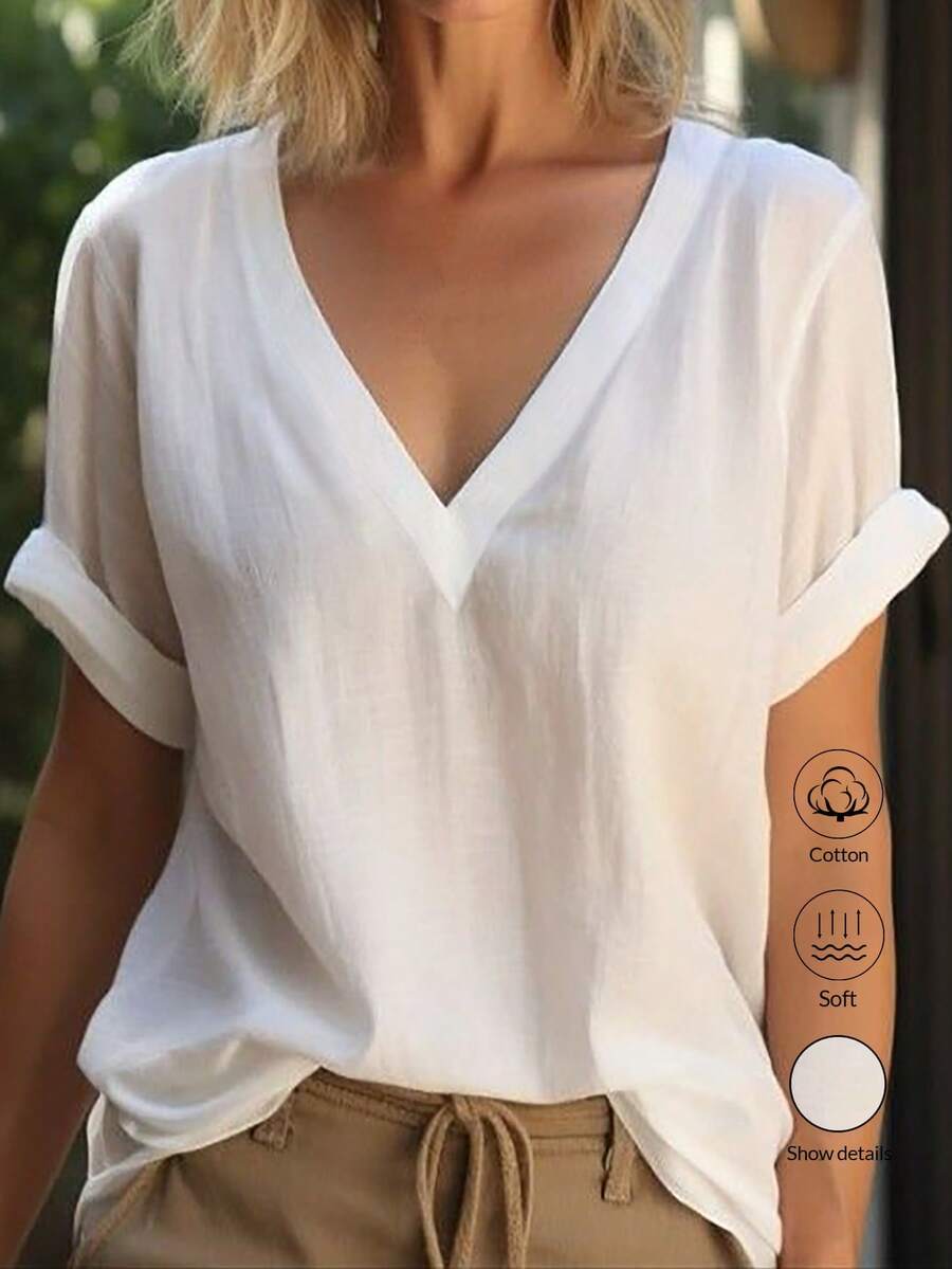 EMERY ROSE Women's Casual Daily Commute Simple Solid Color V-Neck Rolled Hem Short Sleeve White Top - White - View 1