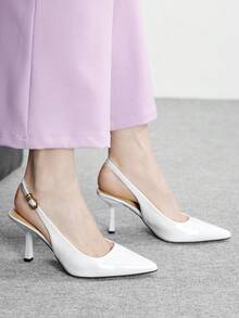CUCCOO BIZCHIC Women's Pointed Toe White Patent Leather Backless Metal Buckle Strap Fashion Slip-On Pumps, Elegant For Commuting - White - View 1