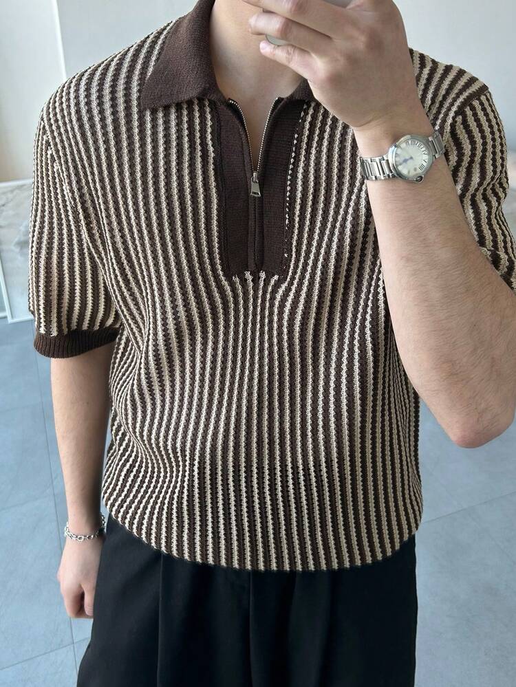 Men's V-Neck Contrast Color Polo Knit Top, Summer