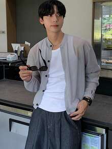 DAZY Áo khoác cardigan dệt kim dáng rộng, màu trơn, dành cho nam, thích hợp cho mùa xuân/hè. - Xám - Xem 2