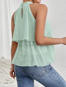 Firerie Loose Neck Ruffle Asymmetrical Chiffon Blouse - Green - View 2