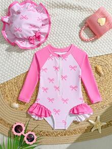 Sparklyn 女婴可爱弹力粉色撞色蝴蝶结印花荷叶边长袖两件套泳衣带帽子 - 粉色 - 查看 4