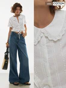 Poéselle Women's Cotton Mesh Embroidered Lace-Up Button Blouse,White Top,Cotton Shirt,Elegant Valentine, Vacation,Summer Tops,Spring/Summer Blouse Summer, White Cropped Blouse - White - View 1